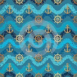 Anchor seamless pattern. Anchors texture. Symbol boat or ship on blue green background. Repeating sailing patern. Marine design fo