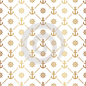 Anchor seamless pattern. Repeating anchors texture. Symbol boat or ship on gold background. Repeated marine pattern. Nautical desi