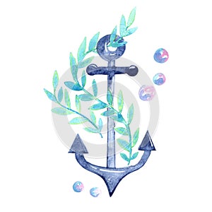 anchor, seaweed and bubble watercolor illustration.