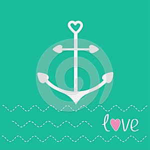 Anchor with shapes of heart and dash line waves. Love card.