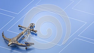 Anchor the ship to a blue sea background with a simple wire and modern business concept