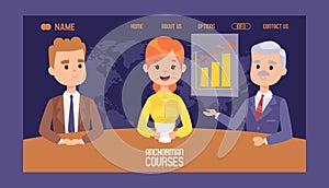 Anchor stock market courses banner website design vector illustration. Breaking news on Television. TV presenters man