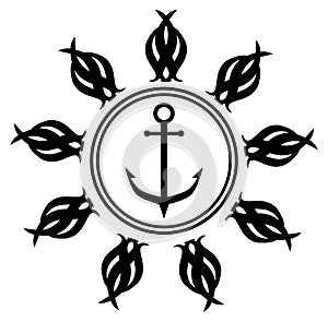 Anchor in sun stylized, tattoo, black and white, isolated.