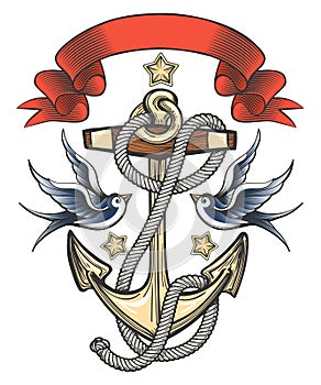 Anchor with Swallows and Ribbon Illustration