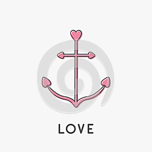 Anchor thin line icon in shapes of heart. Nautical sign symbol. Ship anchor. Pink color. Love greeteng card. Isolated White