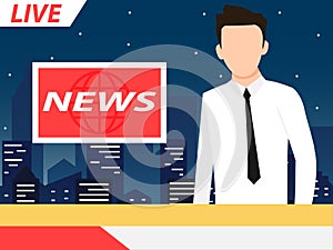 Anchor TV presenters man. Online breaking news concept vector illustration. Flat design of broadcasting on city background.
