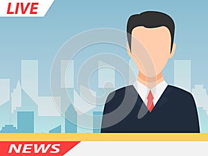 Anchor TV presenters man. Online breaking news concept vector illustration. Flat design of broadcasting on city background.