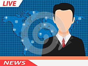 Anchor TV presenters man. Online breaking news concept vector illustration. Flat design of broadcasting on city background.