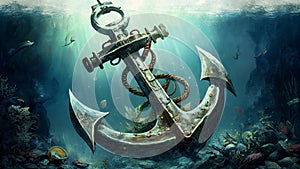 Anchor in underwater world. 3D illustration. Fantasy.