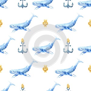 Anchor, whale and rope watercolor hand painted seamless pattern.