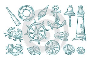 Anchor, wheel, bollard, hat, compass rose, shell, crab, lighthouse engraving