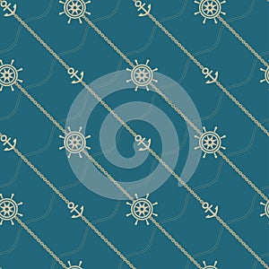 Anchor, wheel and chain. Seamless marine pattern.