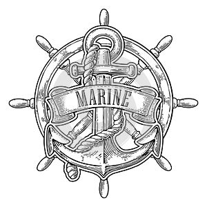 Anchor and wheel with ribbon isolated on white background. Vector vintage engraving illustration with title MARINE.