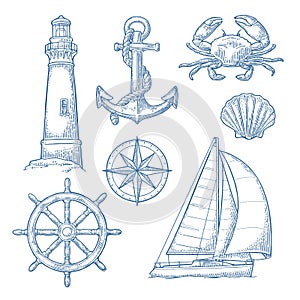 Anchor, wheel, sailing ship, compass rose, shell, crab, lighthouse engraving