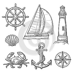 Anchor, wheel, sailing ship, compass rose, shell, crab, lighthouse engraving photo