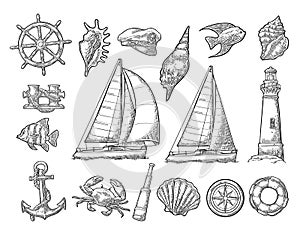 Anchor, wheel, sailing ship, compass rose, spyglass, lighthouse engraving