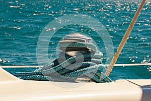 Anchor winch for boats rope, ropes. Sea and ocean travel in summer, voyage trip.