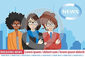 Anchor women on tv broadcast news. Breaking News vector illustration. Media on television concept. Flat vector