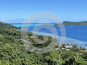 Anchorage view from hiking Bora Bora, French Polynesia in South Pacific Ocean over lagoon