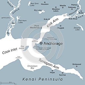 Anchorage and vicinity in Alaska, United States, gray political map