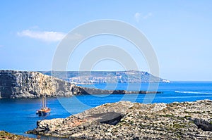 An anchored boat at Comino Island, Malta