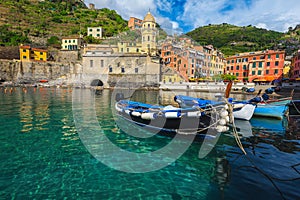 Anchored boats in the harbor of Vernazza, Cinque Terre, Italy