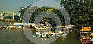 Anchored boats on the lake