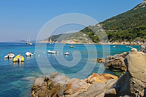 Anchored boats in waters of Tyrrhenian Sea, Sant Andreas on Elba