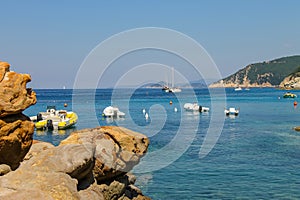 Anchored boats in waters of Tyrrhenian Sea, Sant Andreas on Elba