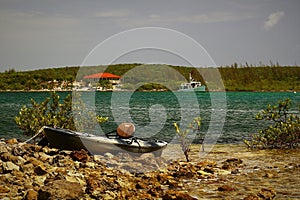 Anchored in Hatchet Bay, Eleuthera Bahamas with a kayak in the forground