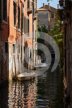 Anchored row boats in the Venice Canal in Venice, Italy