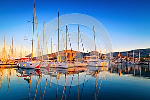 Anchored sailing boats in the harbor of Trogir, Dalmatia, Croatia