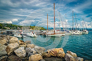 Anchored sailing boats in the Marina of Porto Venere, Italy
