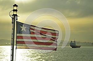 Anchored ship with liberian flag