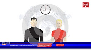 Anchorman`s man and a woman in Breaking News In the television studio with world map. Flat vector illustration EPS10