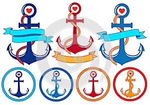 Anchors with ribbons and frames, vector set