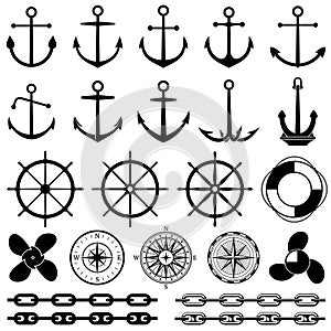 Anchors, rudders, chain, rope, knot vector icons. Nautical elements for marine design