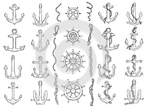 Anchors, rudders and ropes vector set. Black white doodle sketch outline isolated illustration.