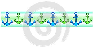 Anchors. Seamless vector border ribbon with green and blue anchors. Marine divider with anchors on a gradient green-blue