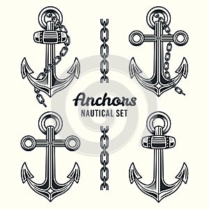 Anchors set of nautical vector objects or design elements in vintage monochrome style isolated on light background