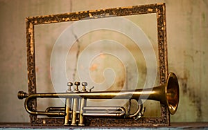 An ancient 1930s trumpet in a frame in an old basement