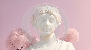 Ancient 3D render Statue, Greek Roman Bust Sculp with white flowers and pink background, generative using a