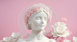 Ancient 3D render Statue, Greek Roman Bust Sculp with white flowers and pink background, generative using a