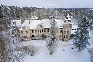 Ancient abandoned mansion of the Eliseev estate (1912) (aerial photography). Belogorka, Leningrad region