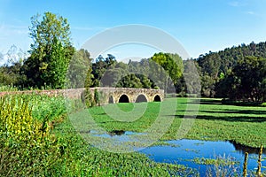 Ancient abandoned Roman bridge over an overgrown pond