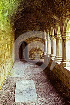 Ancient abby vaulted walkway with pillars open to courtyard