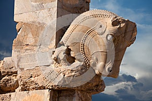 Ancient Achaemenid Bull Statue as a Column Capital in Persepolis of Shiraz