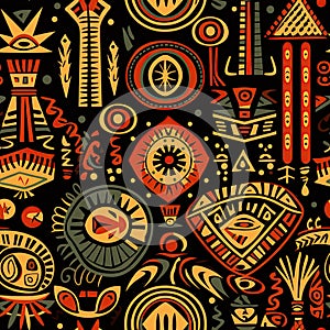 ancient african egyptian ethnic gold seamless pattern on black background with tribal symbols