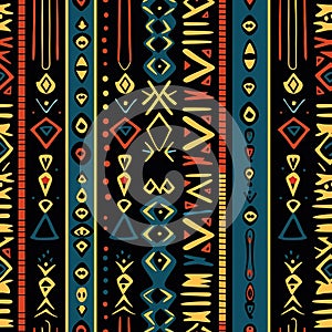 ancient african egyptian ethnic seamless pattern on black background with antique tribal symbols