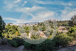 Ancient Agora of Athens archaeological site panoramic view.Stoa of Attalus left, Acropolis rock right